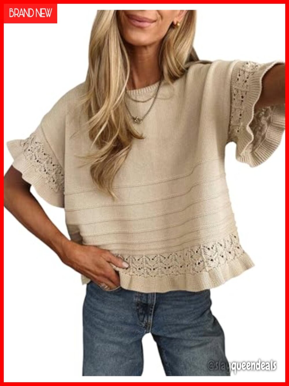 Womens Short Sleeve Knit Sweater Ruffled Hem Casual Pullover Top
